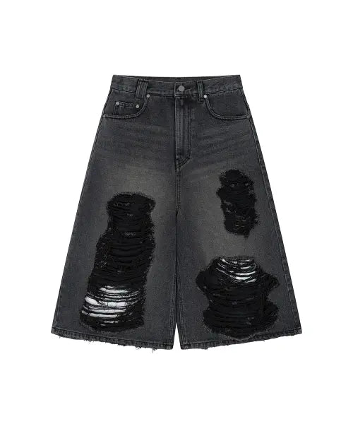 [TREEMINGBIRD] Scratch Damage Denim Shorts [ Black ]