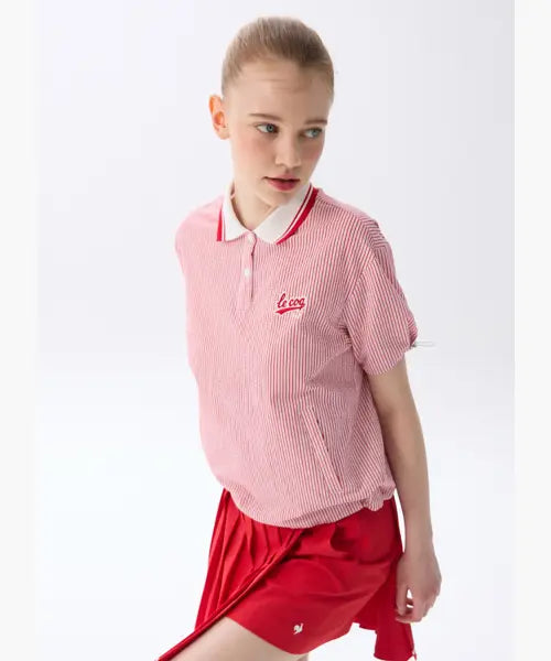 [LECOQ GOLF] Women's Seersucker Collar Short-Sleeve T-Shirt / 여성 시어서커 카라 반팔 티셔츠 _RED0 GR222LTS44