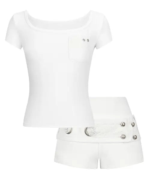 [ILLIO] [SET] White Square Neck Lace Pocket T-shirt + Lace Belted Shorts
