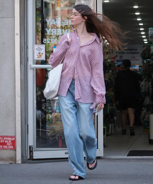 [LOW CLASSIC] OVERSIZED Lc SHEER CHECKED SHIRT_PINK [LC262SH02PK]