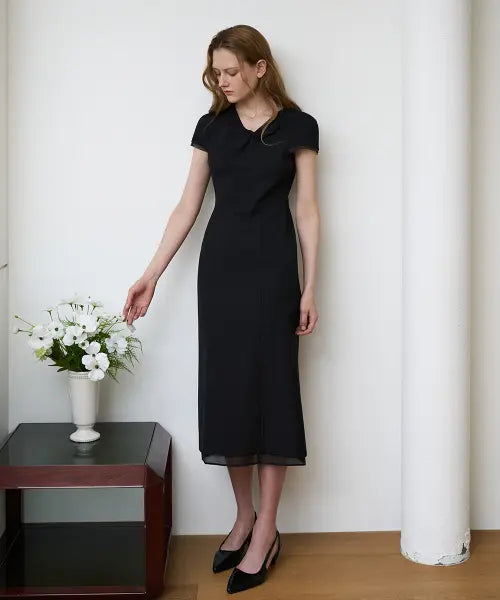 [DEHEVE] Twist Layered Long Dress [Black]