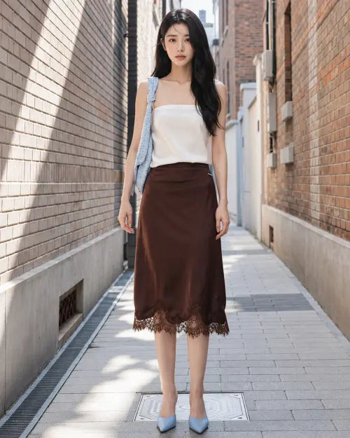 [320SHOWROOM] Lace Trim Satin Banding Skirt Brown