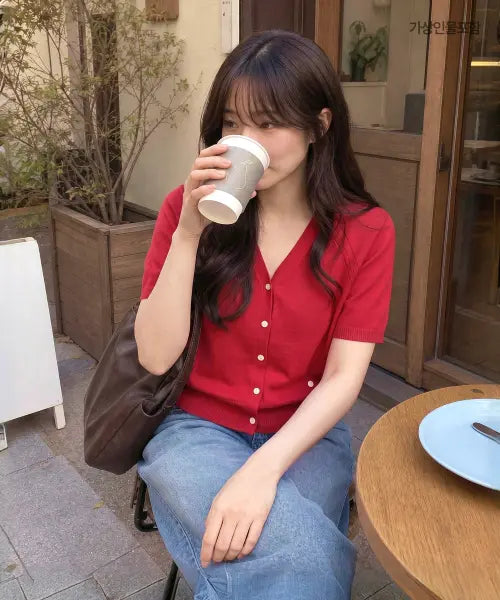 [ROEM] All Day V-Neck Short Sleeve Cardigan RMCKG25R99 / 올데이 브이넥 반팔 가디건 RMCKG25R99