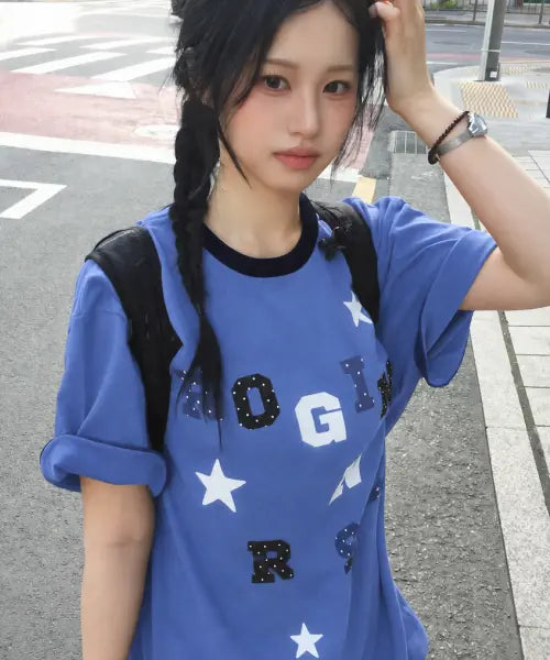 [ROGIN N ROSIE] Logo Spell Point Starry Ringer T-shirt Blue
