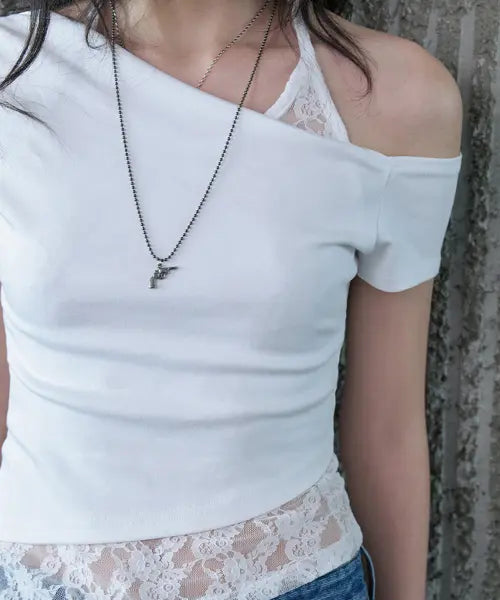 [NO EXTRA TOUCH] Halter Lace Layered Asymmetrical Top (Ivory) / 26SPTS002IV