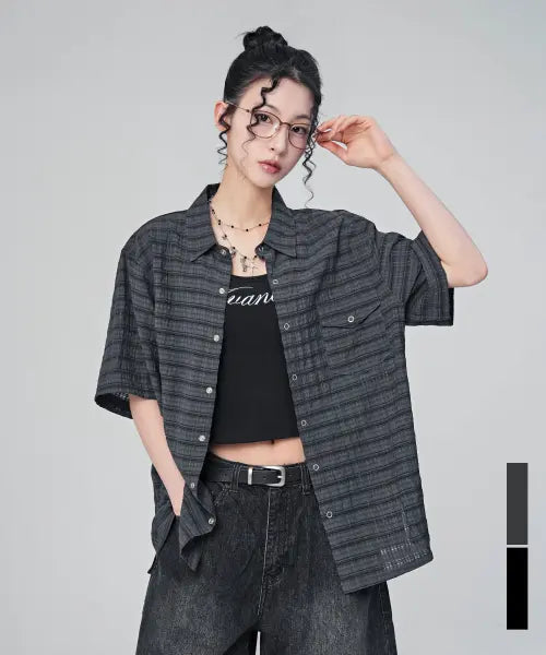 [AVANDRESS] Void Check Snap Short-Sleeve Shirt_2Colors / 보이드 체크 스냅 숏슬리브 셔츠_2Colors