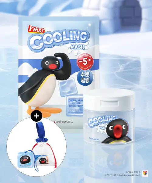 [CELL FUSION C] Pingu Collaboration Cooling Pad Set with Luggage Tag & Cooling Mask / [핑구 콜라보] 쿨링 패드 70매 러기지택 기획세트 +쿨링 마스크 5매 (+핑구 파우치)