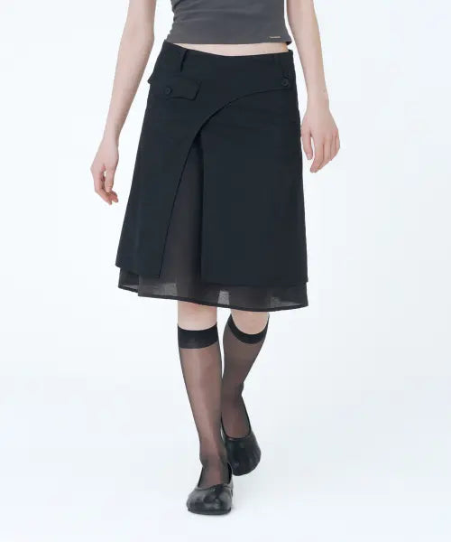 [MISEKI SEOUL] Side sheer layered midi wrap skirt BLACK