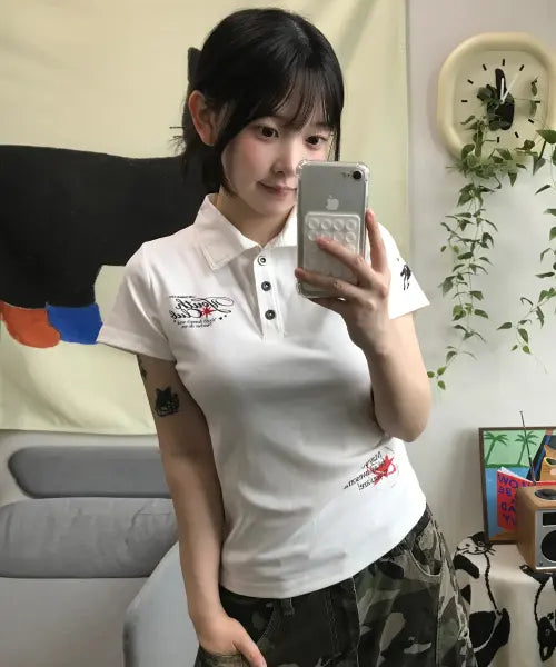 [ODDSTUDIO] Kitsch Graphic Collared Shirt - WHITE / 키치 그래픽 카라 티셔츠 - WHITE
