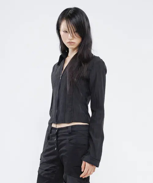 [WET TAG] SHEER GATHERED SHIRT JACKET BLACK