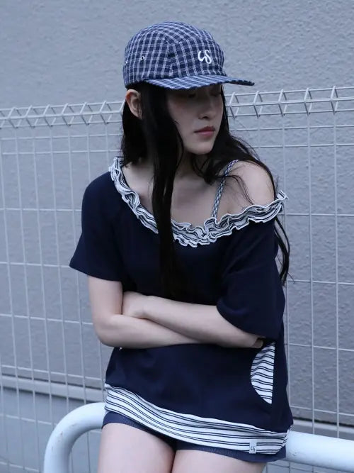 [UGLYSHADOW] STRIPE FRILL OFF-SHOULDER(NAVY) / 스트라이프 프릴 오프숄더(네이비)