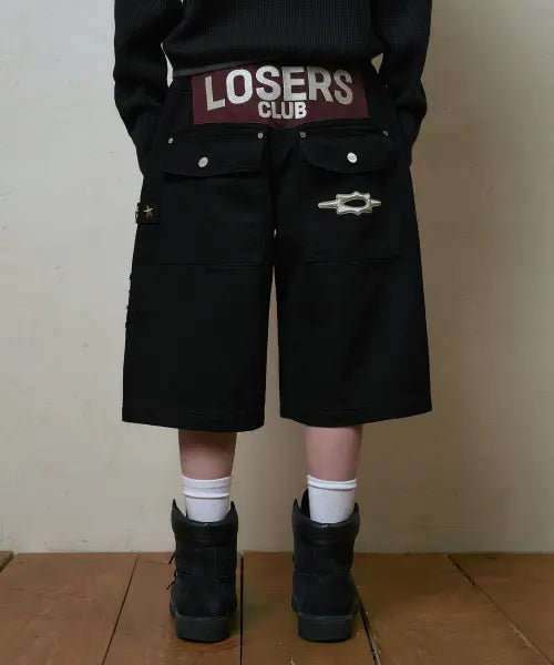 [LOSERS CLUB] LSC LC LOGO APPLIQUE BERMUDA COTTON PANT BLACK / 엘씨 로고 아플리케 버뮤다 코튼 팬츠 블랙