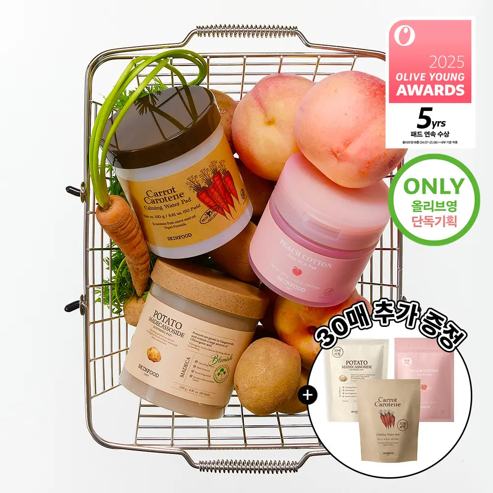 [skinfood] SKINFOOD Pad Recipe 3 Types (Original + 30 Sheet Refill Set) (Carrot/Potato/Peach) / [5년연속수상/단독기획] 스킨푸드 패드 레시피 3종(본품+30매 리필 기획) (당근/감자/복숭아)