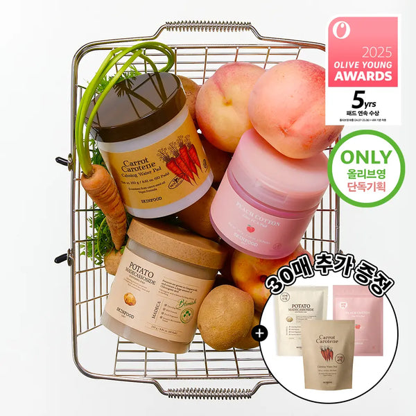 [skinfood] SKINFOOD Pad Recipe 3 Types (Original + 30 Sheet Refill Set) (Carrot/Potato/Peach) / [5년연속수상/단독기획] 스킨푸드 패드 레시피 3종(본품+30매 리필 기획) (당근/감자/복숭아)