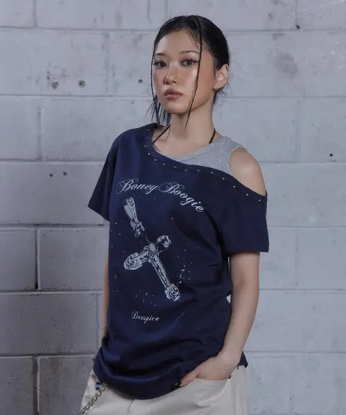 [DAUSPICE] (DUC) BB Layered One-Shoulder T-Shirt Dark Navy