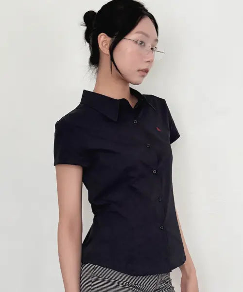 [CHICKS] CKS Standard Slim Fit Short Sleeve Shirt Navy / CKS 스탠다드 슬림핏 반팔 셔츠 네이비