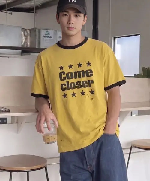 [HOODHOOD] COME CLOSER Damage Ringer Half Sleeve T-Shirt YELLOW / COME CLOSER 데미지 링거 반팔티셔츠 옐로우