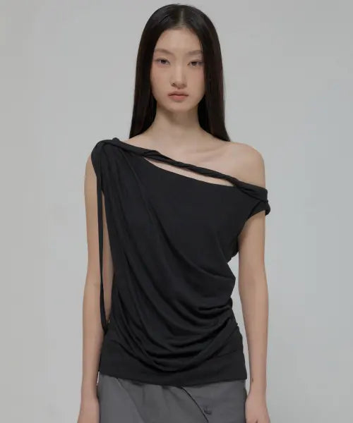 [FLAREUP] Braided Drape One-Shoulder Top (FL-140_Black)