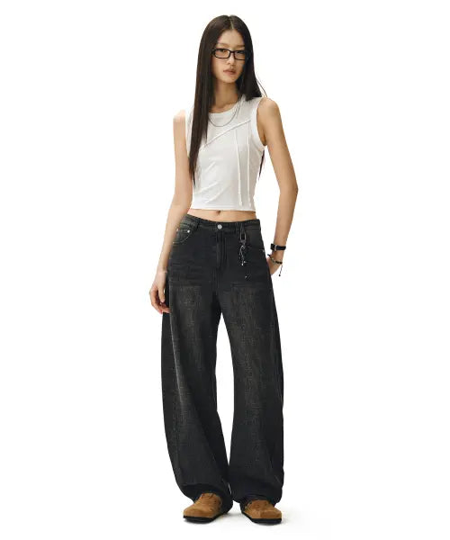 [DECET WOMEN] Linen-Like Curved Wide Jeans DCWPT026 Black / [린넨라이크]Linen Like Curved Wide Jeans DCWPT026BLACK