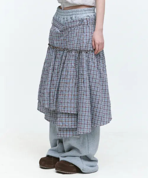 [SOME PLACE] Asymmetrical Check Layered Midi Wrap Skirt & Training Pants Set-up Set [Grey] / 언발란스 체크 레이어드 미디 랩 스커트 \u0026 트레이닝 팬츠 셋업 세트 [그레이]