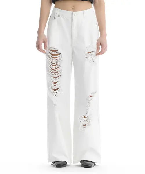 [TREEMINGBIRD] Scratch Damage Cotton Twill Pants [ White ]