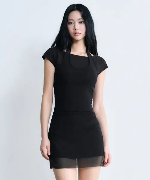 [MUSINSA STANDARD WOMAN] Women's Mesh Layered Jersey Dress [Black] / 우먼즈 메시 레이어드 저지 드레스 [블랙]
