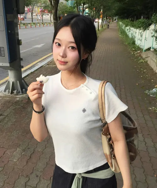 [SLOW RECORD HOUSE] Henley Neck Eyelet T-Shirt_White / 헨리넥 아일렛 티셔츠_화이트