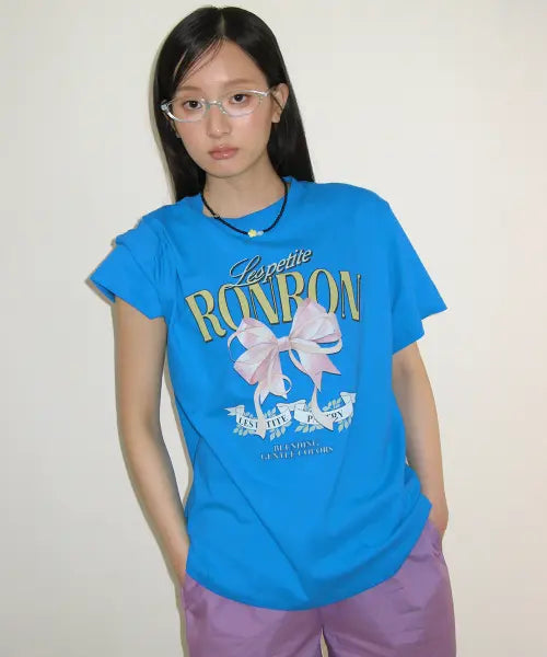 [RONRON] VINTAGE DOUBLE RIBBON BASIC FIT T SHIRT BLUE