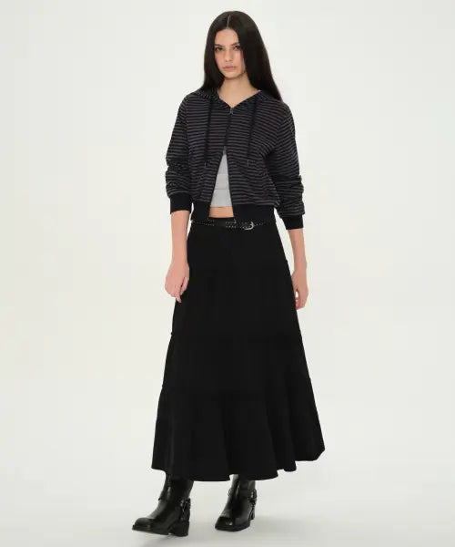 [MUSINSA STANDARD WOMAN] WOMAN JERSEY TIERED LONG SKIRT [BLACK] / 우먼즈 저지 티어드 롱 스커트 [블랙]