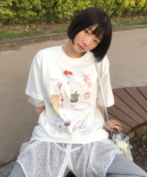 [CGP] Childish Angel Drawing Short Sleeve T-Shirt - Off White / 차일디쉬 천사 드로잉 반소매 티셔츠-오프 화이트