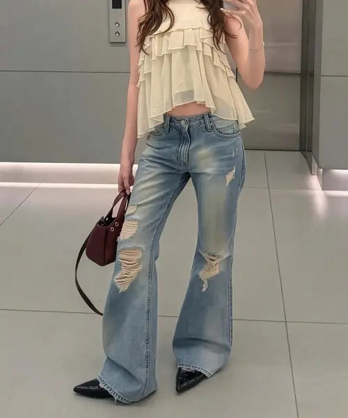 [ERER] Bootcut Destroyed Denim Pants Blue