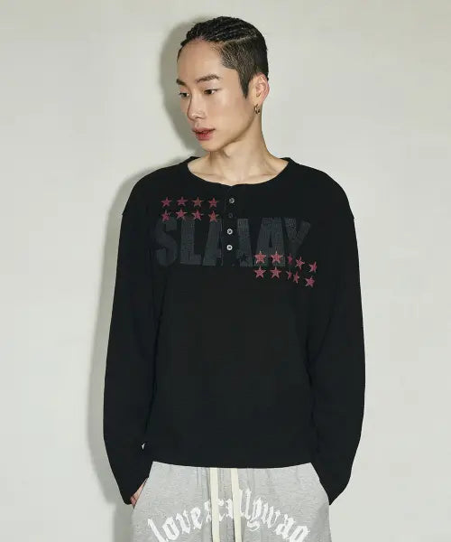 [SCALLYWAG] Slaay Waffle Henley Long Sleeve [Black] / SLAAY 와플 헨리넥 롱 슬리브[블랙]