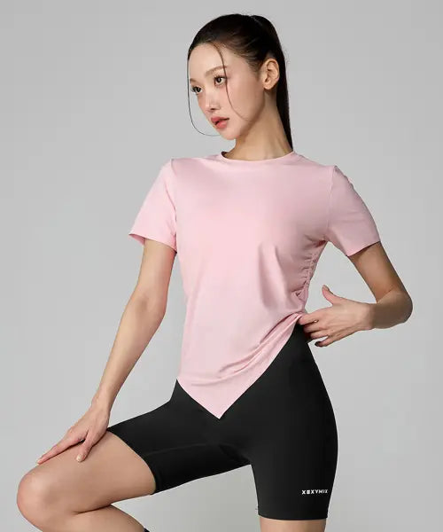 [XEXYMIX] ICEFEATHER Light 2.0 Unbalanced Shirring Short Sleeve T-Shirt / 아이스페더 라이트 2.0 언밸런스 셔링 숏슬리브 XFL2TS1004