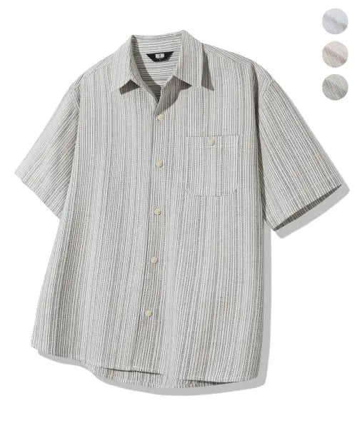 [TRILLION] LINEN STRIPE SEMI OVERFIT CROP HALF SHIRT_3color / 린넨 스트라이프 세미 크롭 하프 셔츠_3color