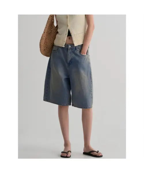 [8SECONDS] Teen Washing Button Fly Denim Shorts - Sky Blue / 틴워싱 비조 데님쇼츠 - 스카이 블루