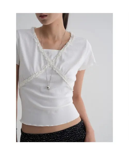 [8SECONDS] V-Neck Short Sleeve Lace T-Shirt - White / V넥 레이스 반소매 티셔츠  화이트