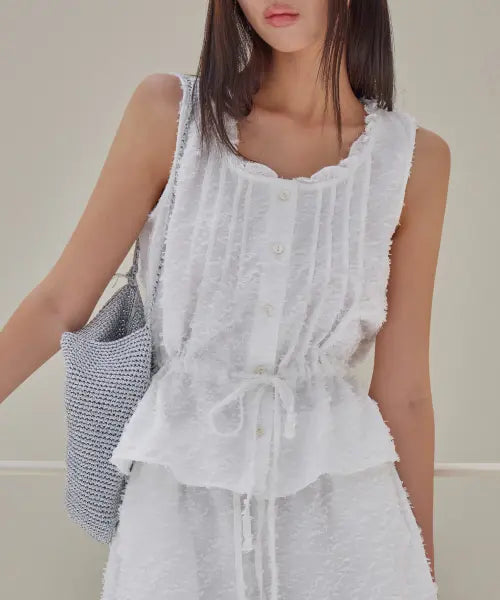 [LONDONDADA] Fringe Pintuck Frill Blouse, WHITE