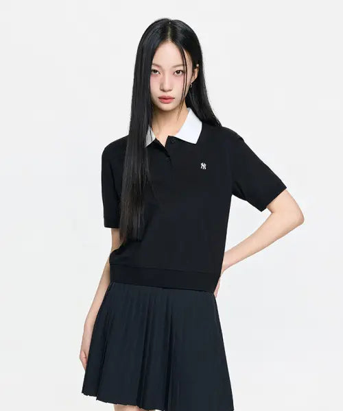 [MLB] Women's Basic Cropped Collar T-Shirt NY (Black) / 여성 베이직 크롭 카라 티셔츠 NY (Black)