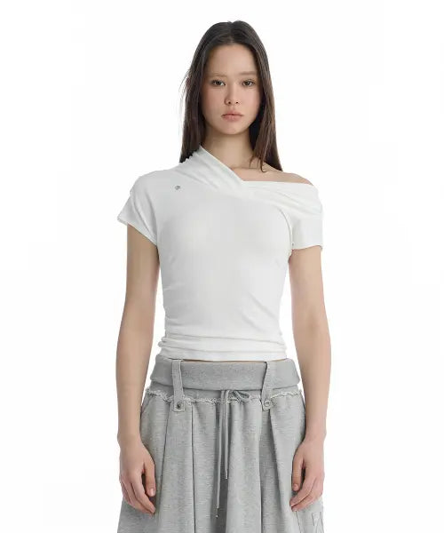 [TREEMINGBIRD] Asymmetric Draped Off-Shoulder Top [ White ]