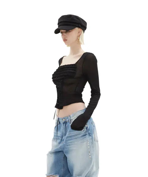 [HILLDA] Pure Lace-Up Corset Top [Black] / 퓨어 레이스업 코르셋 탑 [블랙]