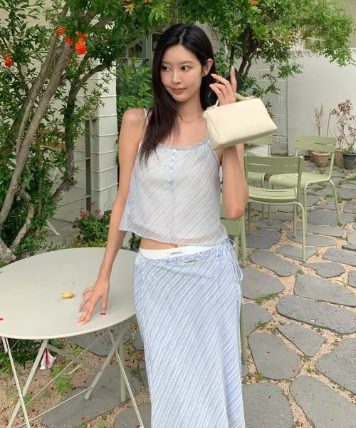 [LONDONDADA] Sheer Stripe Wrap Satin Skirt, BLUE