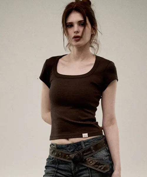 [KITTY POTTERY] Classic Soft Deep Square Neck T-shirt (DEEP BROWN) / 클래식 소프트 딥 스퀘어넥 티셔츠 (딥 브라운)