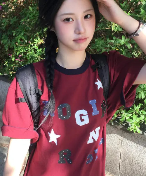 [ROGIN N ROSIE] Logo Spell Point Starry Ringer T-shirt Wine