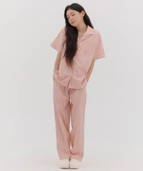 [OFFHOUR] Tide Rhythm Glossy Peach Short-Sleeve Pajama Set / 타이드리듬 글로시피치 반팔 긴바지 잠옷 세트