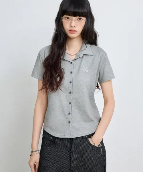 [EUGGEN] BASIC COLLAR SEMI-CROPPED SHORT SLEEVE SHIRT_MELANGE / 베이직 카라 세미 크롭 반팔 셔츠_멜란지