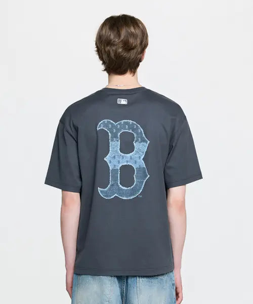 [MLB] Vintage Denim-Like Monogram Oversized Short-Sleeve T-Shirt (D.Grey) / 빈티지 데님라이크 모노그램 빅럭스 오버핏 반팔 티셔츠 BOS (D.Grey)