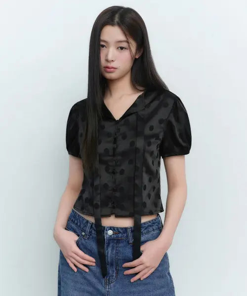 [MUSINSA STANDARD WOMAN] Women's Dot Puff Sleeve Tie Blouse [Black] / 우먼즈 도트 퍼프 슬리브 타이 블라우스 [블랙]