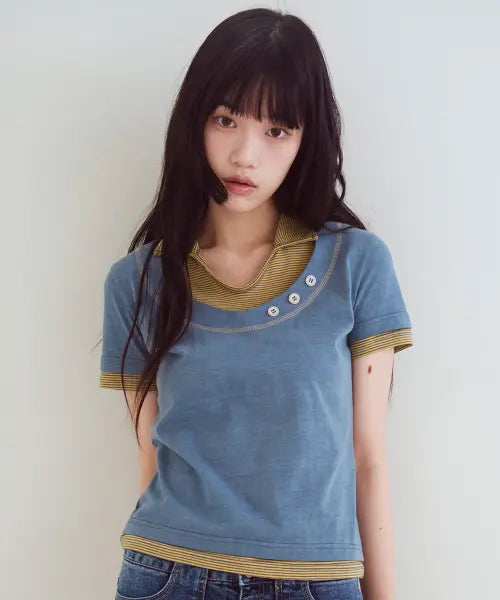 [OAFISH] Stripe Layered Collar T-Shirts, Navy
