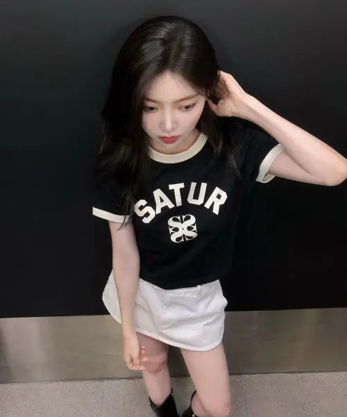 [SATUR] (W) Arch Logo Ringer T-Shirt Black / (W) 아치 로고 링거 반팔 티셔츠 블랙