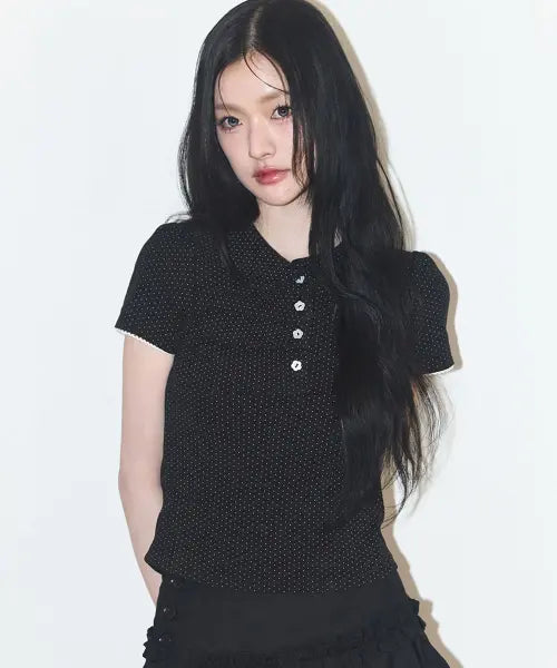 [ILLIGO] DOT PINTUCK COLLARED TEE BLACK / 도트 핀턱 카라 티 블랙